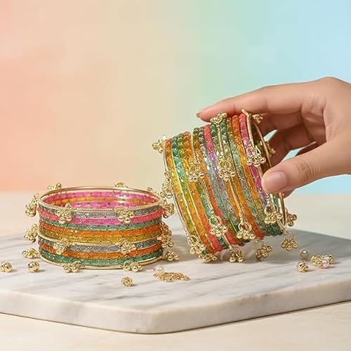 MS DESIGNS & BEAUTY Kashmiri Ghungroo Glass Bangle Set for Women, 16