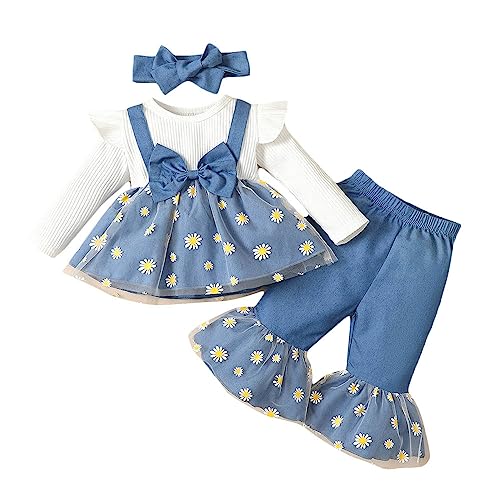 Hopscotch Polyester Girls Floral Print Top Pant Set With Headband In Blue Color For Ages 12-24 Months