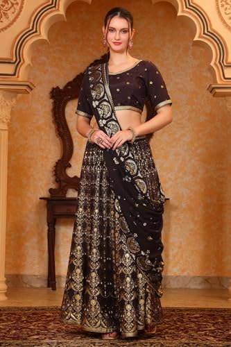 Aurelia Women’s Abstract Printed Tape Embellished Straight Black Crop Top, Skirt and Dupatta Set (Size-XXL)-AS16060-509644