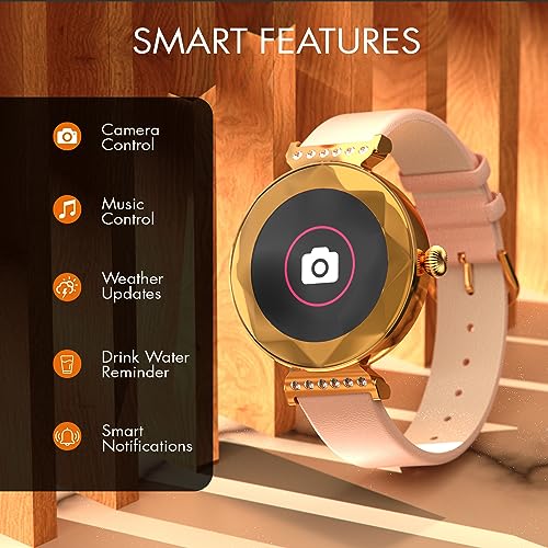 Fire-Boltt Emerald Gemstone-Studded Diamond Cut Smart Watch with 1.09” HD Display, Multiple Sports Modes, Health Suite, Wireless Charging, IP68 with Additional Stainless Steel Strap (Rose Gold)