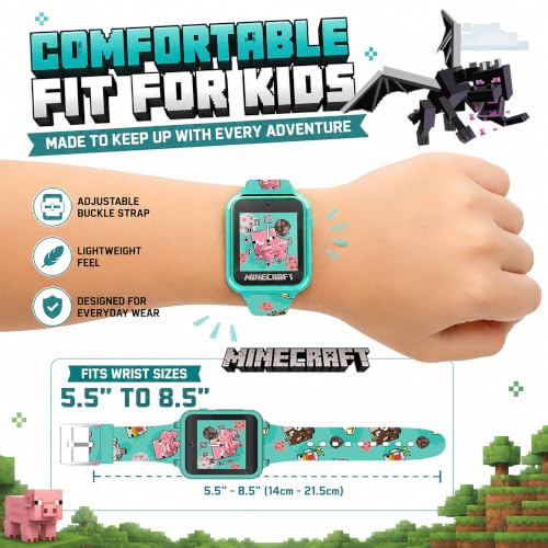 Minecraft Kids Smart Watch with Touchscreen Display, 10 Watch Faces, Games, Camera, Alarm, Timer, Step Counter & Calculator – Fun Interactive Learning Watch for Boys & Girls, Fits Wrist Sizes 5.5"-8",