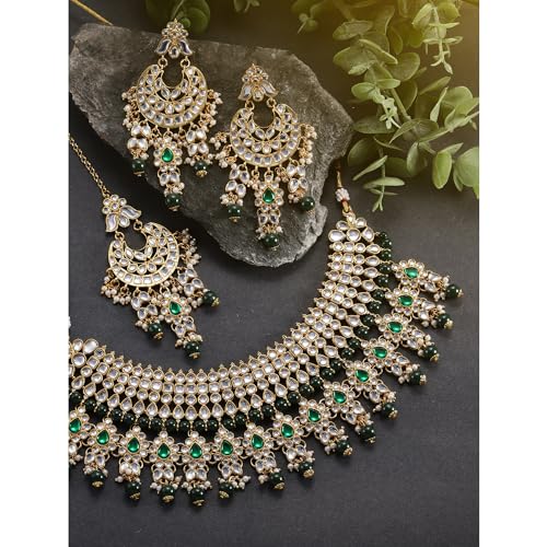 Peora Gold Plated Green Kundan Choker Necklace Earrings Maang Tikka Jewellery Set for Women