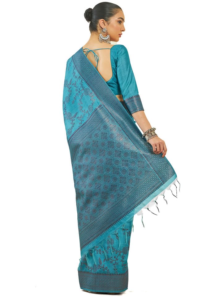 Soch Womens Blue Tussar Floral Pattern Woven Saree with Tasselled Border