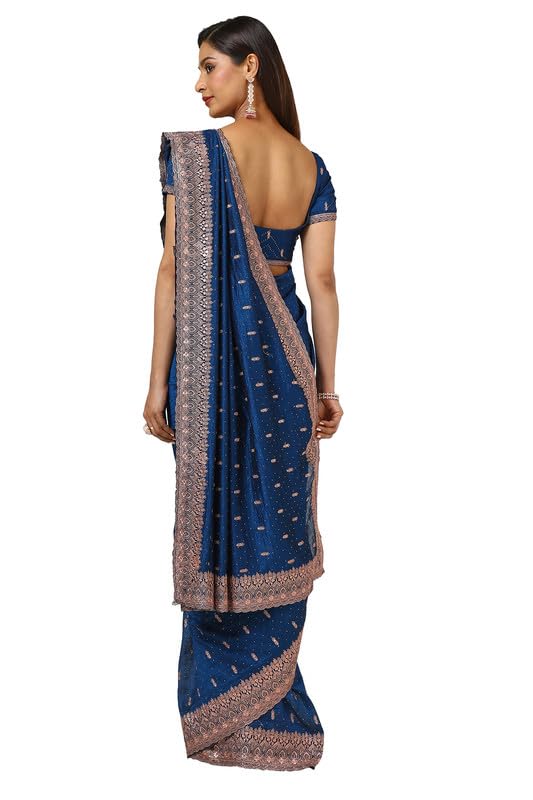 Soch Womens Blue Tussar Zari Embroidered Saree With Stone Work