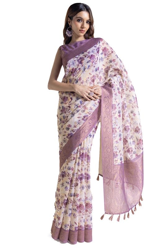 Soch Womens Purple Chanderi Floral Print Saree With Tassels