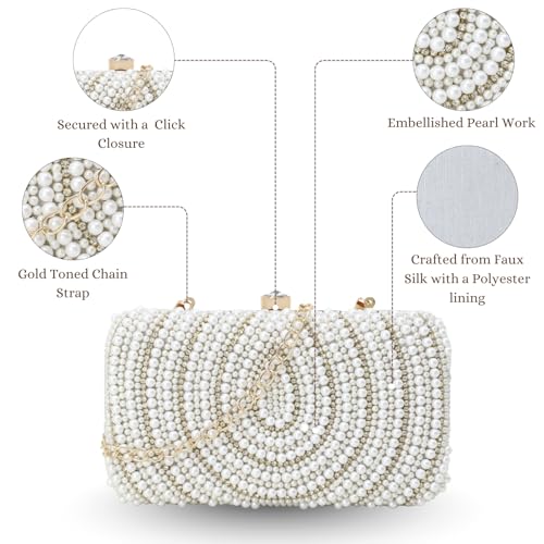 Anekaant Adorn White & Gold Pearl Embellished Faux Silk Clutch for Women | Bridal Bag | Party, Wedding & Festive Accessory