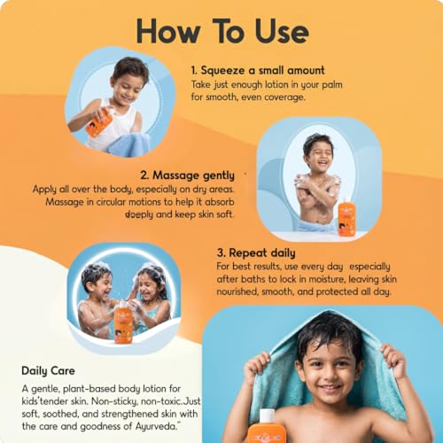 Mishmash Naturals Kids 2 in 1 Body Lotion and Cream for soft, hydrated skin | Ayurvedic Daily Moisturizer | All skin type | Made with Almond Oil, Saffron and Manjistha | For kids 3+ years | SLS & Paraben free | 200ml-Pack of 1