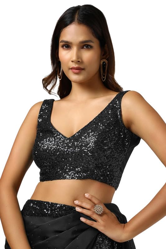 Soch Womens Black Satin Saree With Stones And Sequins