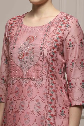 Biba Women Pink Chanderi Blend Printed Embroidered Unstitched Suit Set_FREE SIZE