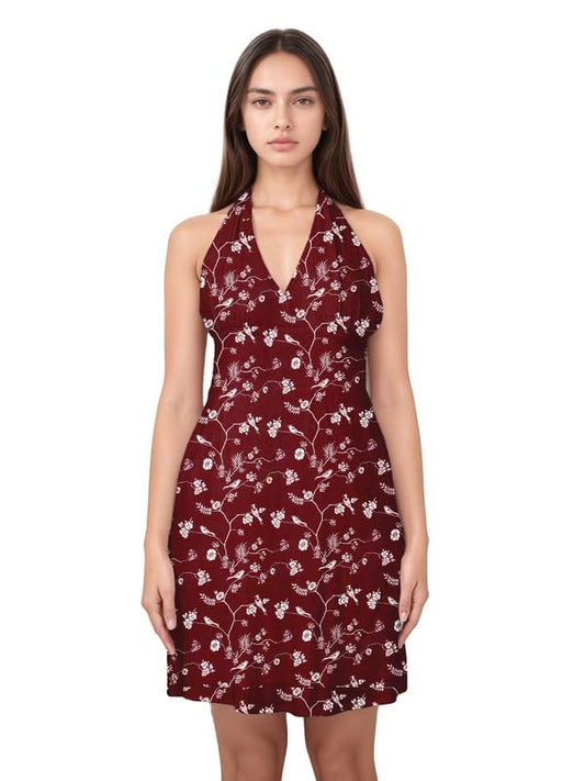 Zink London Women's Printed Tie Up Neck Short Dress Maroon