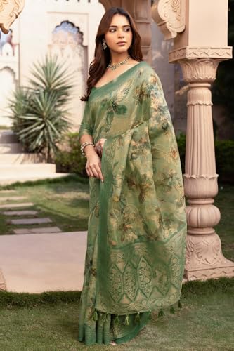Soch Womens Light Green Chanderi Floral Print Saree