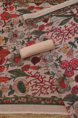 Soch Womens Peach Linen Floral Dress Material With Thread Work