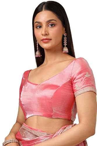 Soch Womens Peach Organza Embroidered Saree With Stone Work