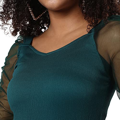 Campus Sutra Women's Solid Green Long Sleeve Mini Length Regular Fit Dress for Casual Wear | Sweetheart Neck Dress Crafted with Comfort Fit and High Performance for Everyday Wear