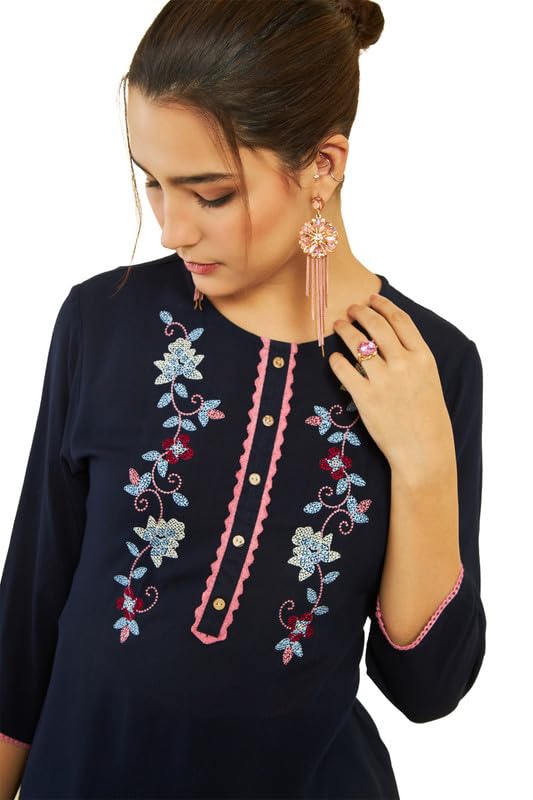 Soch Womens Navy Blue Crepe Floral ThreadWork Embroidered Round-Neck Tunic