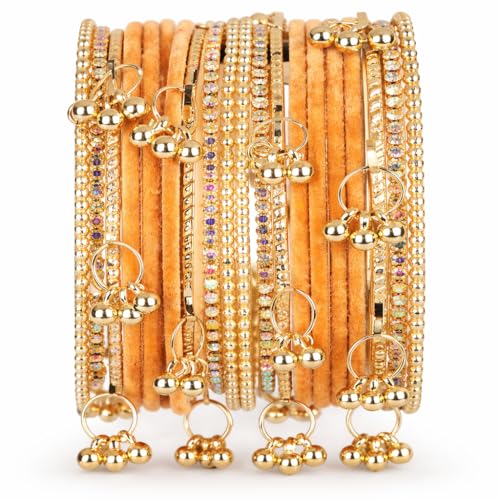 Shining Diva Fashion 20 Pcs Traditional Stylish Ghungroo Velvet Kashmiri Bangles Set for Women & Girls (rrsd17407b_2.8) (Bright Orange)
