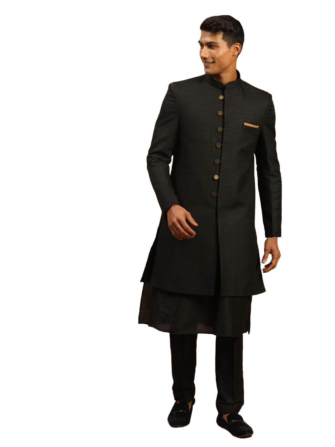VASTRAMAY Men's Black Viscose Sherwani Set