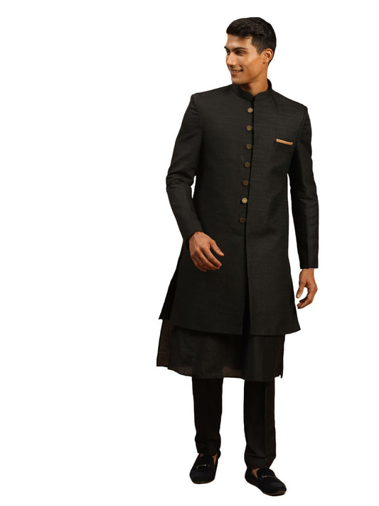 VASTRAMAY Men's Black Viscose Sherwani Set