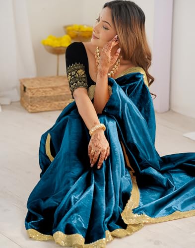 SIRIL Women's Net Embroidered Saree With Unstitched Blouse Piece(3997S133-Blue)