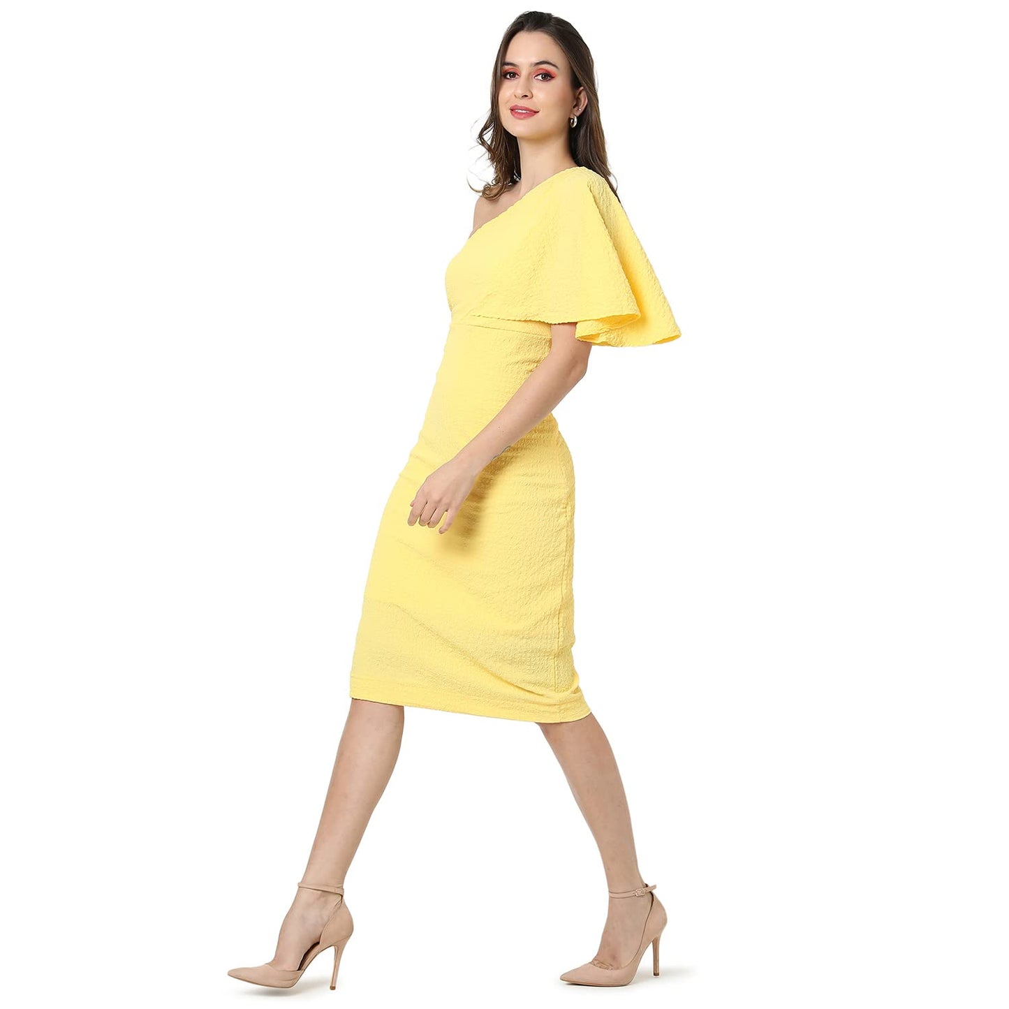 Campus Sutra Women Solid Design Stylish One Shoulder Casual Dresses(SSMR22_CSWSSDR5085_L) Yellow