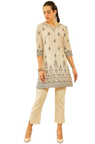 Soch Womens Beige Poly Muslin Floral Printed Kurta with Cutdana