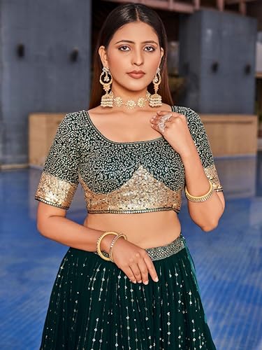 Zeel Clothing Women's Sequins and Thread Embroidery Georgette Semi Stitched Lehenga Choli With Dupatta (5078-Green-Womens-Lehenga-Choli-Latest; Free Size)