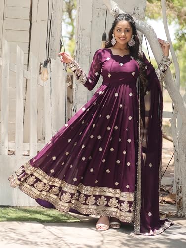 Fashion Basket Women's Red Georgette Anarkali Kurta Set with Duptta for Women (Purple, XL)