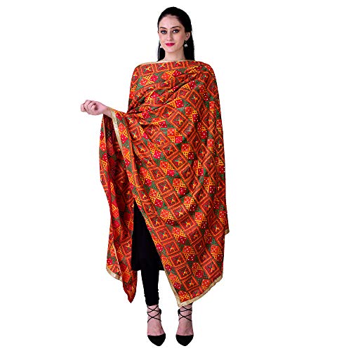 SWI WITH LABEL Women's Heavy Embroidered Phulkari Chiffon Dupatta with Mirror Work