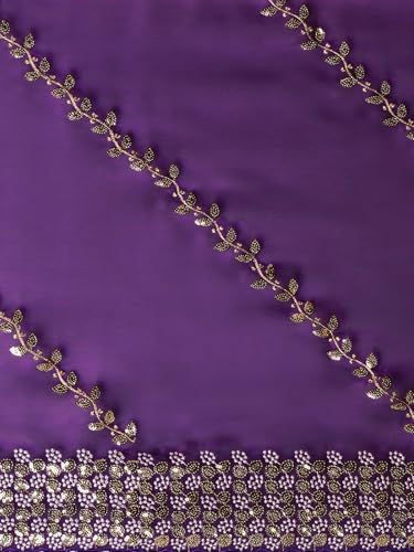 Satrani Women's Tissue Silk Sequence Embroidery Work Scalloped Border Saree with Unstitched Blouse Piece (3905S154N_Midnight Purple)