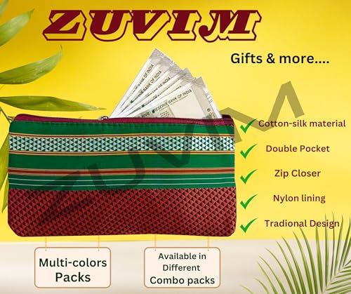 Zuvim Women Purse with Double Pocket and Zip, Traditonal Khann Zipper Pouches Shagun Gifting Haldi Mehandi Wedding, Festivals, Pooja, Haldikumkum Gift for Women, Multicolor (Pack of 11, Standard)