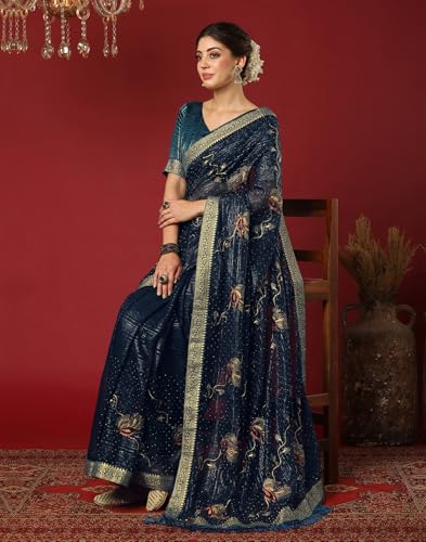 SIRIL Women's Embroidered & Stone Work Georgette Saree With Unstitched Blouse Pieces (4397S3142-Blue)