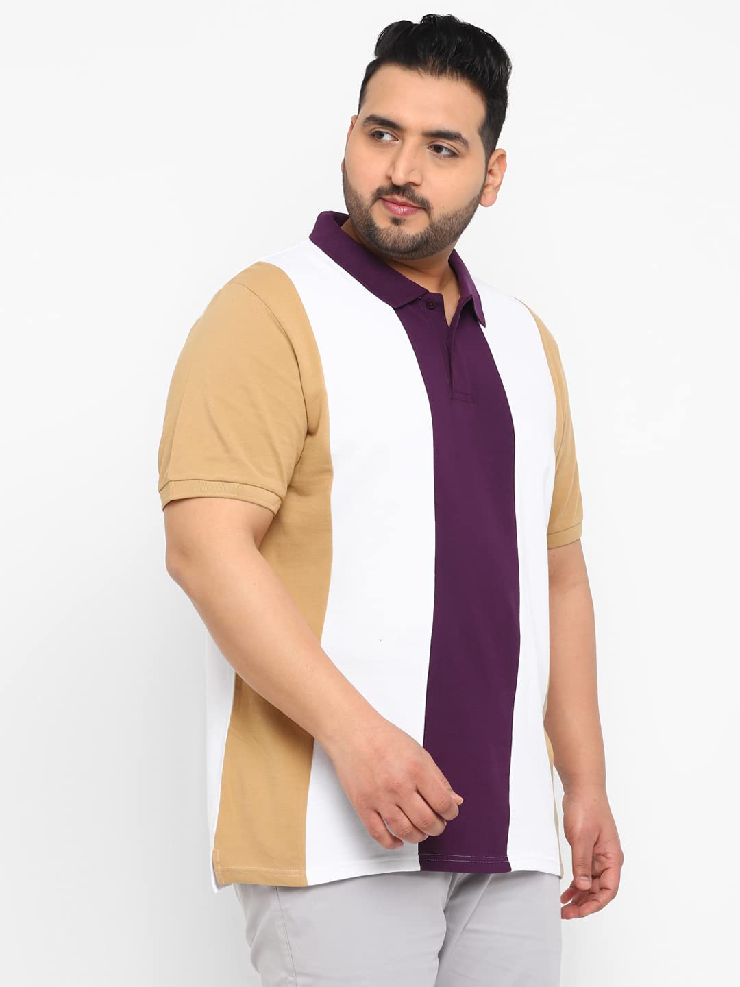 Urbano Plus Men's Off White, Purple, Khaki Colour-Block Regular Fit Half Sleeve Cotton Polo T-Shirt (pluspolocbp-008-ofwhipurkha)