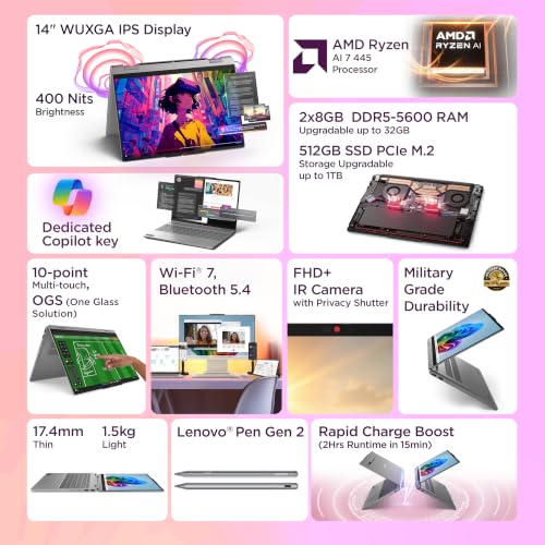 Lenovo IdeaPad 5 2-in-1 AMD Ryzen 7 445 (16GB RAM/512GB SSD/14 (35.5cm)/WUXGA IPS/Copilot+PC/Windows 11/MS 365 Basic+Office 2024/Lenovo Pen Gen 2/Grey/1.54Kg), 83UH000HIN Convertible Laptop