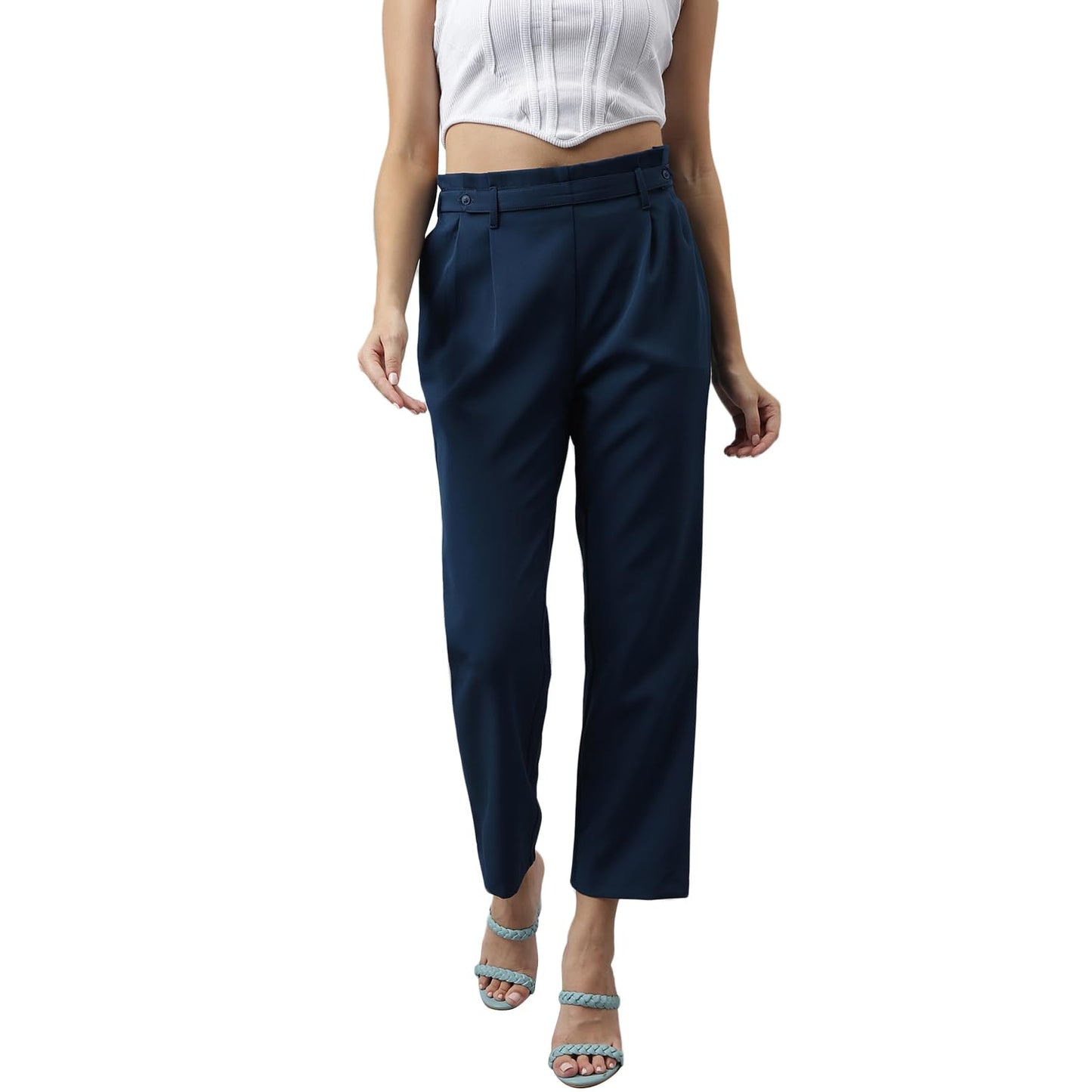 Latin Quarters Women Solid Casual Teal Pants_L