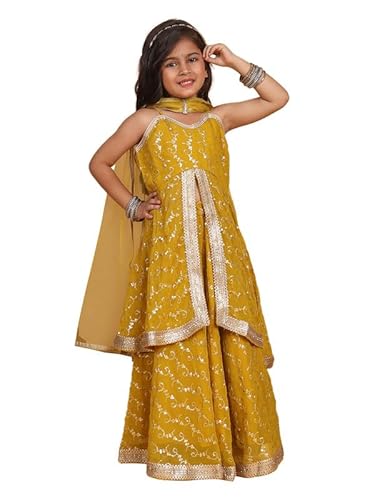 superminis Girls Georgette Sequins Embroidery Sleeveless Lehenga Choli with Net Dupatta Ethnic Wear Set (8-10 Years, Mustard)