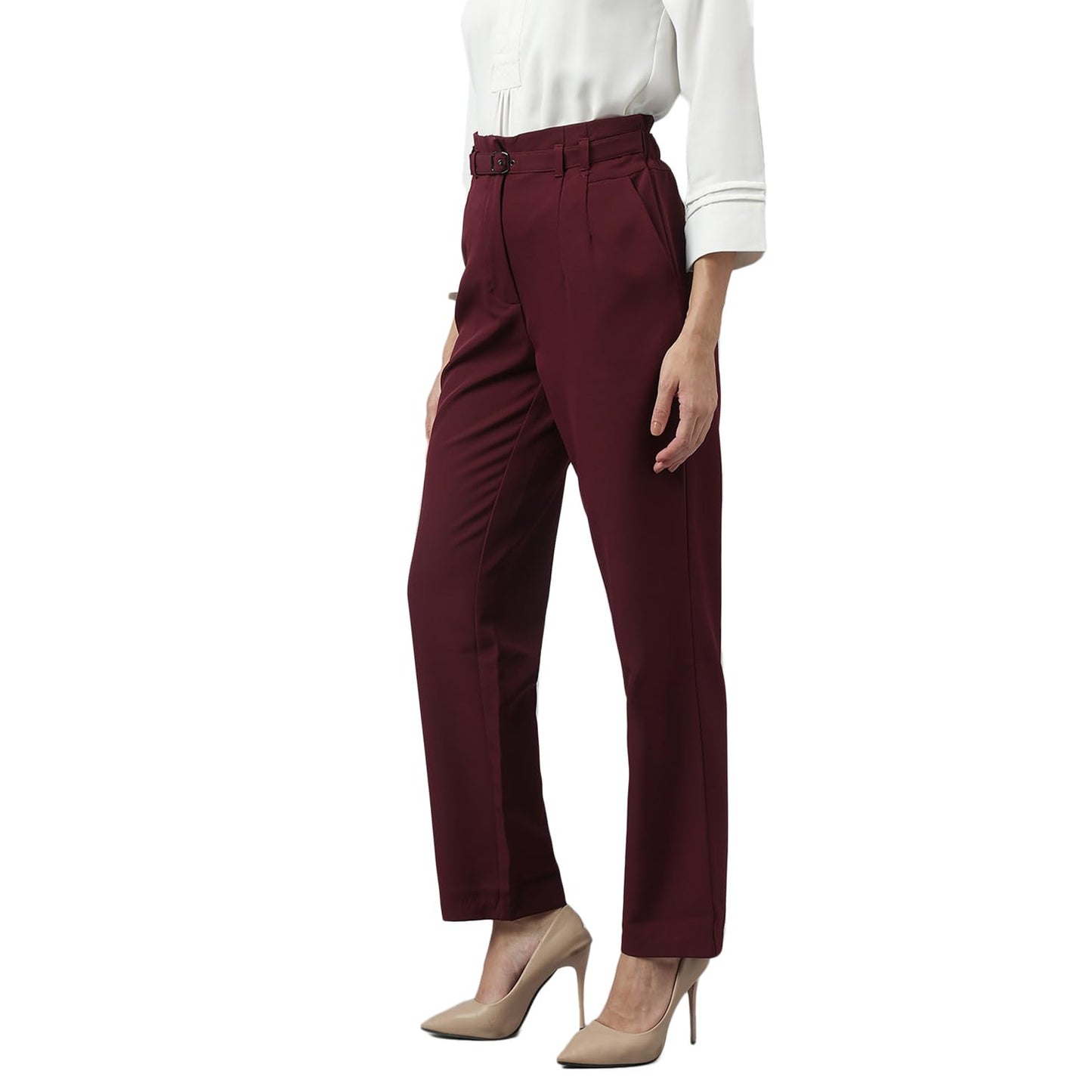 Latin Quarters Women's Maroon Solid Straight High Rise Formal Pant_XL