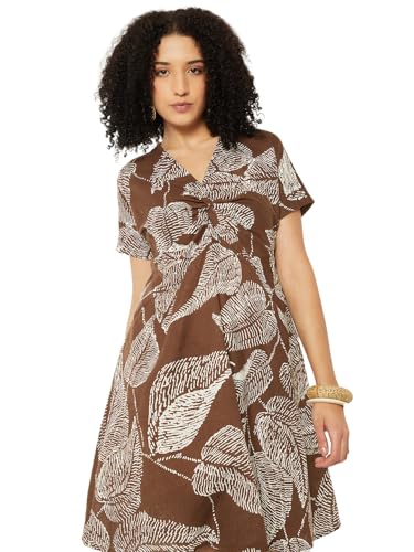 Max Women Printed Twist Detail Dress(Brown_XL)