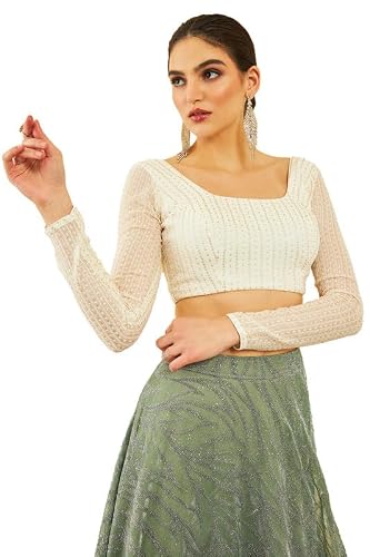 Soch Womens Cream Georgette Sequinned Embellished Blouse with Tie-Ups