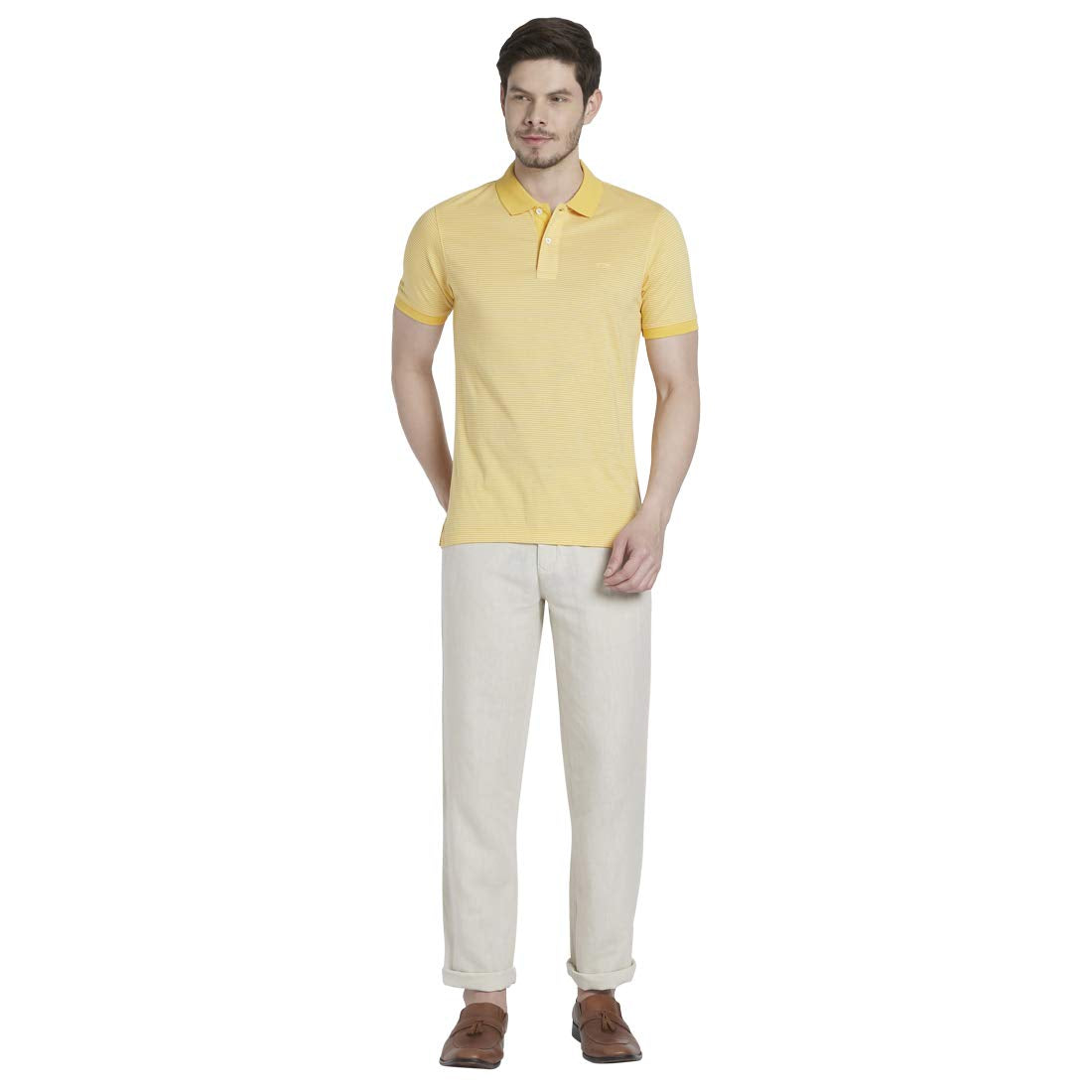 Colorplus Striped Medium Yellow Coloured Men's Cotton T-Shirt (Size:- S)
