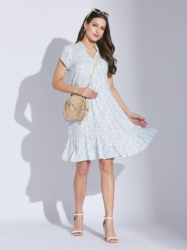 Latin Quarters Women Blue Mandarin Collar Half Sleeve Floral Dress_L