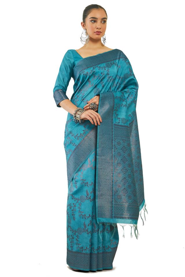 Soch Womens Blue Tussar Floral Pattern Woven Saree with Tasselled Border