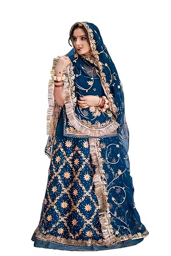 SHYAMLATA Rajasthani Ethnic Bridal Lehenga Choli Set – Traditional Handcrafted Poshak for Women – Stones with Silver Zari Work (Light Blue)