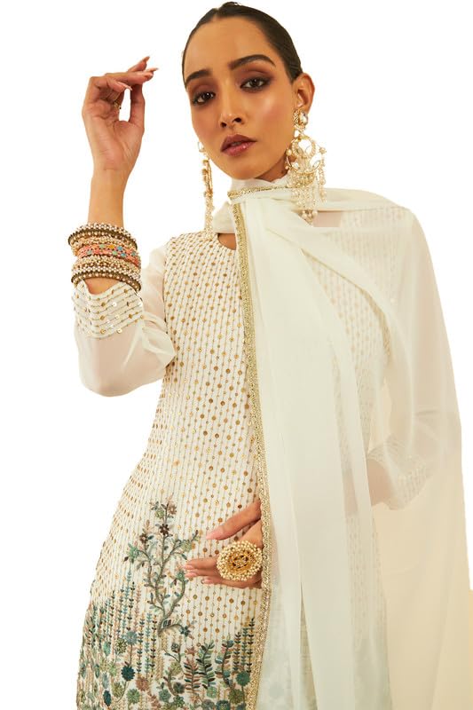 Soch Womens Off White Georgette Floral Embroidered Suit Set With Sequins