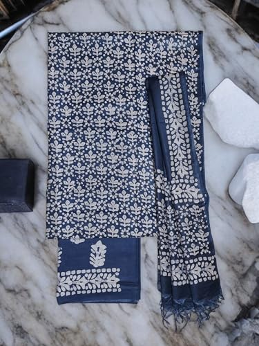Ivikta Women's Block Print Unstitched Salwar Suit Dress Material with Dupatta | Batik Print Katan Silk Salwar Suit fabric (Indigo)