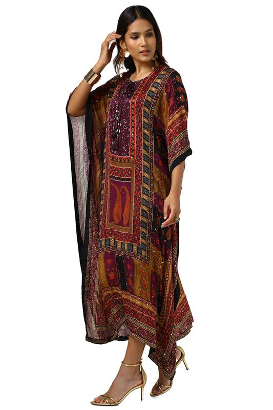 Soch Womens Multicolour Chinon Ethnic Motifs Kaftan with Faux Mirror and Sequins