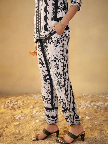 Pinkmint Women's Pure Crepe Black & White Printed Co Ord Set l Fancy Tunic with Straight Pants l Monocharome Ethnic Co Ord Set, Casual & Outdoor Wear (Available in Plus Size)