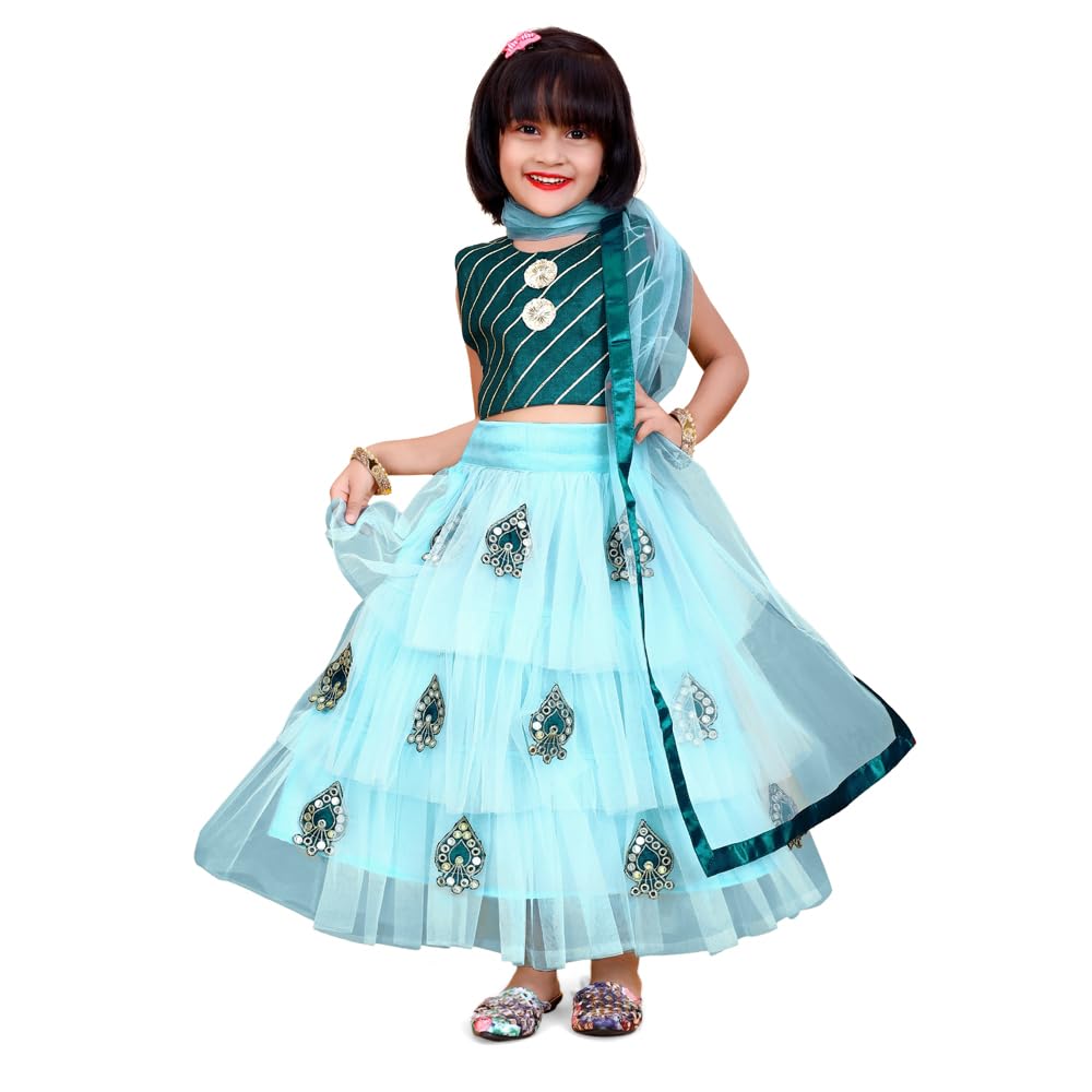 satyamfab Princess Lehenga Choli Set with Mirror Embroidery & Soft Net Dupatta - Ready to Wear for Girls.(12-18 Months)