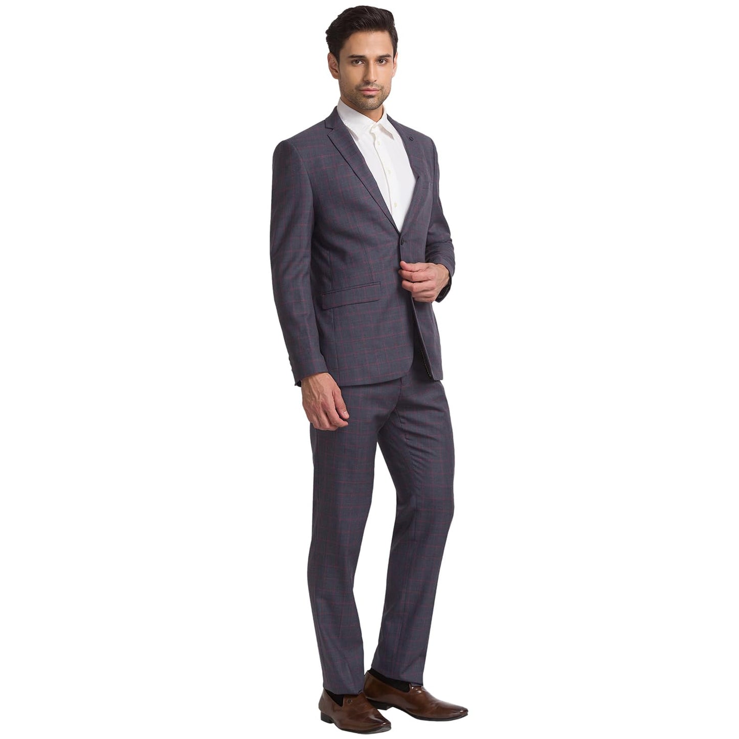 Raymond Men Slim Fit Checks Pattern Poly Wool Blend Notch Lapel Flat Front Formal Suit (Size: 104)-RMDS02113-G8 Dark Grey