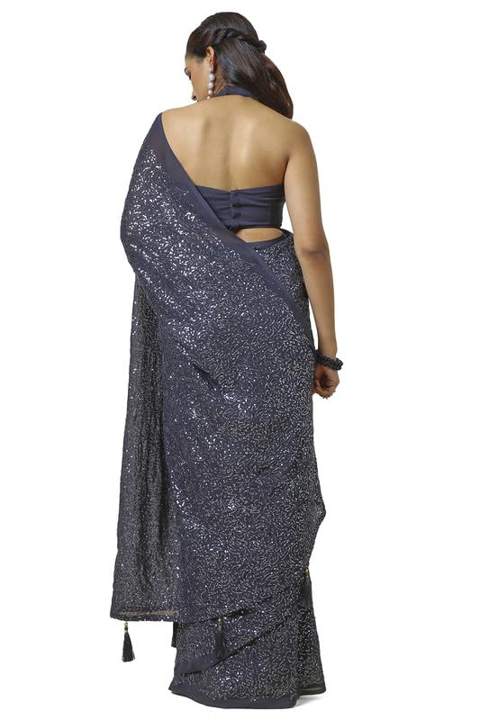 Soch Womens Charcoal Chiffon Saree With Sequins Work