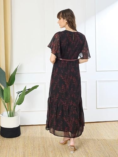 Latin Quarters Women's Black Printed V-Neck Half Sleeve Casual Fit & Flare Dress_L